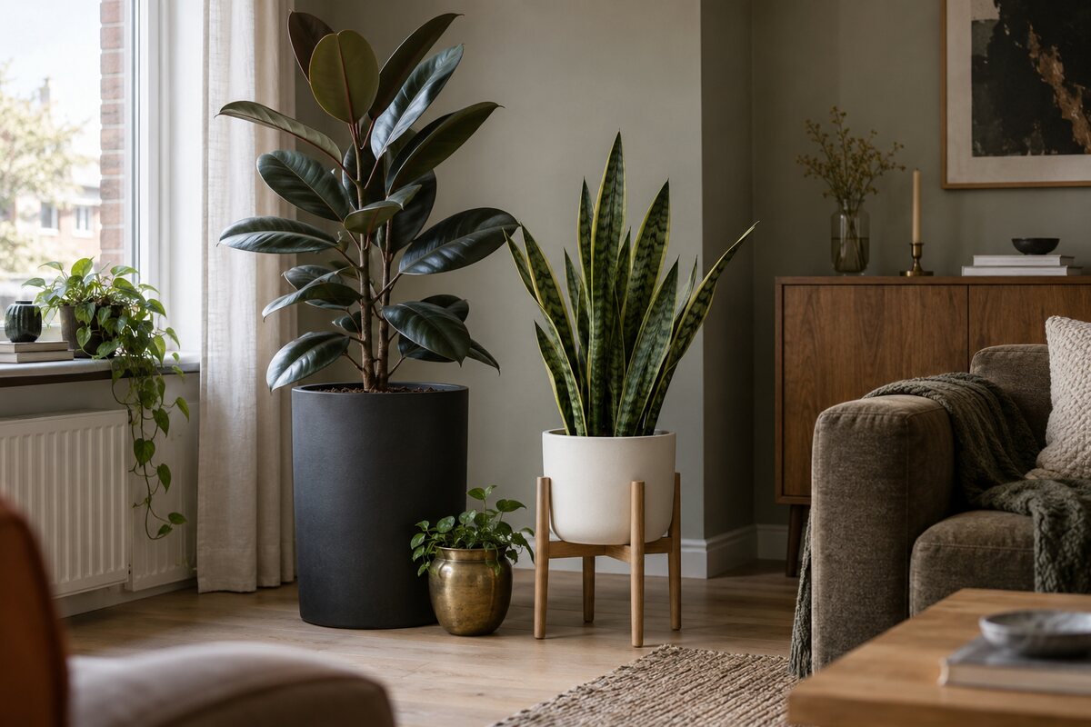 Rubberplant in zwarte pot en sansevieria in witte bloempot op een houten plantenstandaard