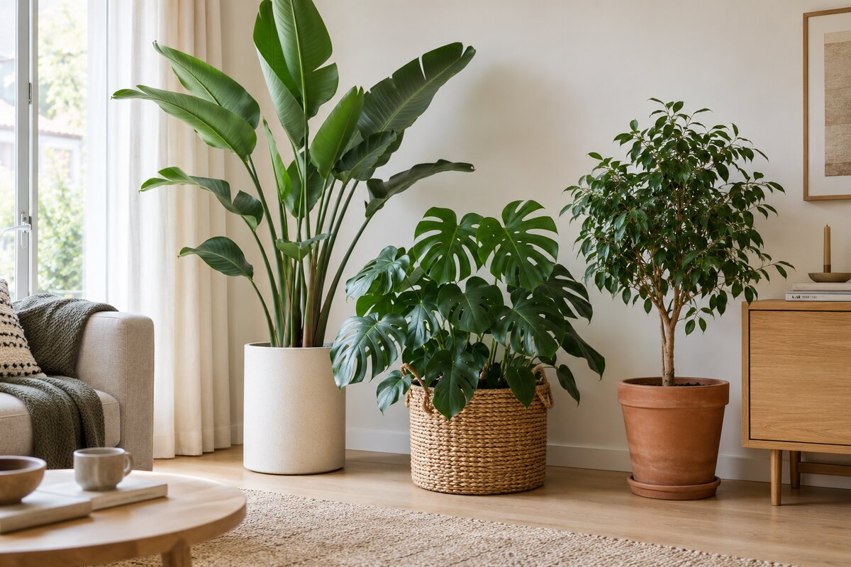 Strelitzia, monstera en ficus in witte, gevlochten en terracotta bloempotten voor binnen
