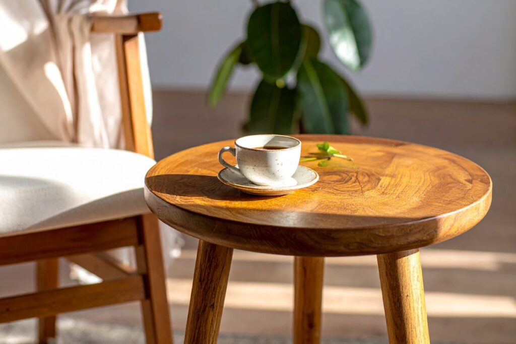 Massief houten salontafel in een zithoek