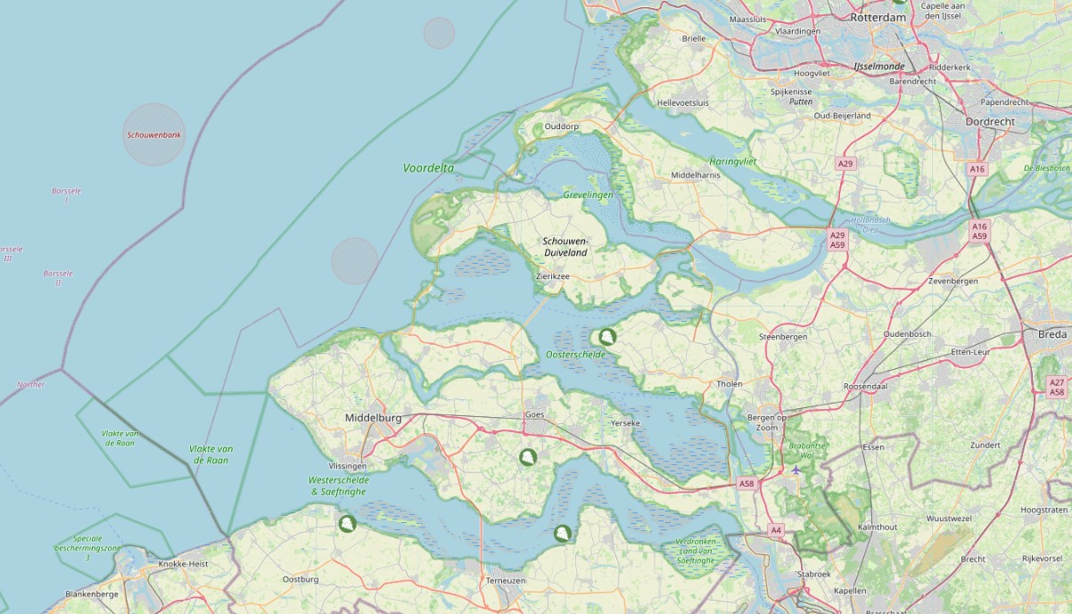 Kaart met gemelde plekken voor oesters plukken in Zeeland