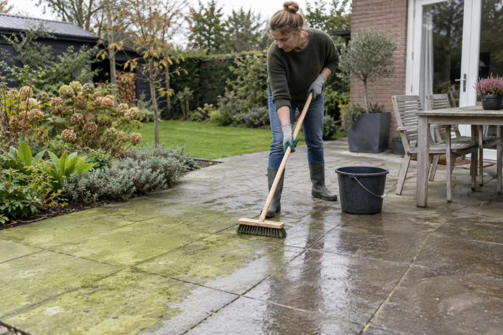 Terras schoonmaken met een borstel en water; verschil tussen groene aanslag en schone tegels